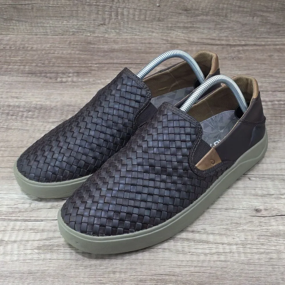 OluKai Lae'ahi Lauhala Men's Size 9M Brown Woven Leather Slip-On Casual Shoes
